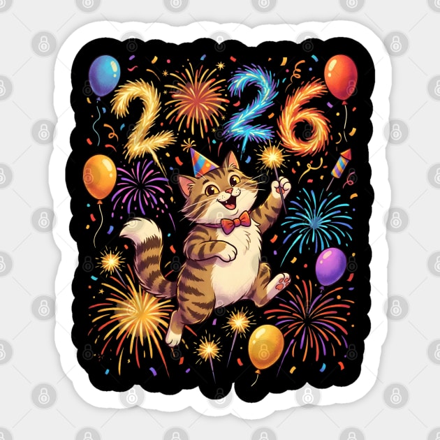 Celebratory Cat with Fireworks for New Year 2026 Sticker by Creatifly Graphic Tees